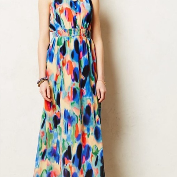 Anthropologie Maeve Aloisia Watercolor Print Silk Maxi Dress Size 0 - Picture 2 of 5